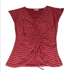 Max Studio Women's V-neck Red Stripe Center Cinch Top Cap Short Sleeve size XS